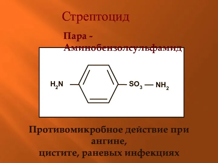 Стрептоцид Пара - Аминобензолсульфамид Противомикробное действие при ангине, цистите, раневых инфекциях