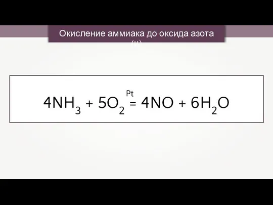 Окисление аммиака до оксида азота (II) 4NH3 + 5O2 = 4NO + 6H2O Pt