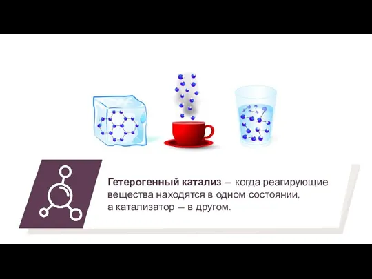 Гетерогенный катализ — когда реагирующие вещества находятся в одном состоянии, а катализатор — в другом.