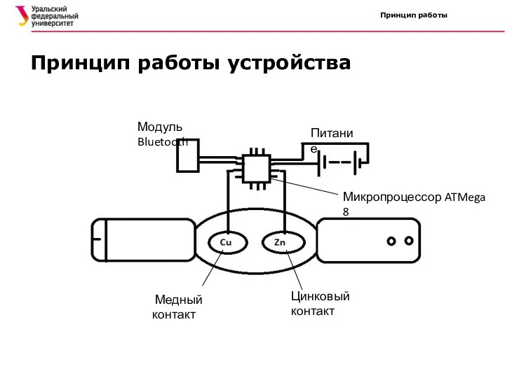 Принцип работы Принцип работы устройства Питание Модуль Bluetooth Медный контакт Цинковый контакт Микропроцессор ATMega 8