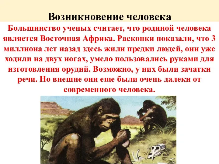 Возникновение человека Большинство ученых считает, что родиной человека является Восточная Африка. Раскопки