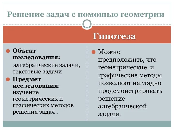 Гипотеза Объект исследования: алгебраические задачи, текстовые задачи Предмет исследования: изучение геометрических и