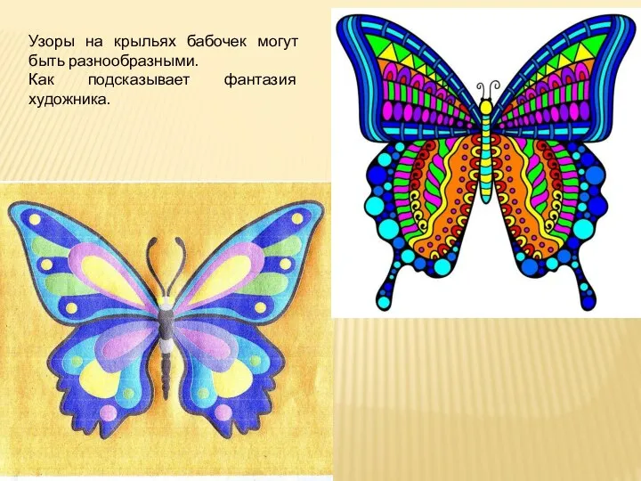 Узоры на крыльях бабочек могут быть разнообразными. Как подсказывает фантазия художника.