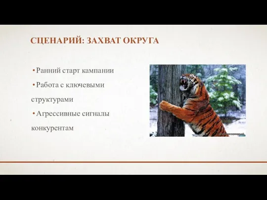 СЦЕНАРИЙ: ЗАХВАТ ОКРУГА Ранний старт кампании Работа с ключевыми структурами Агрессивные сигналы конкурентам