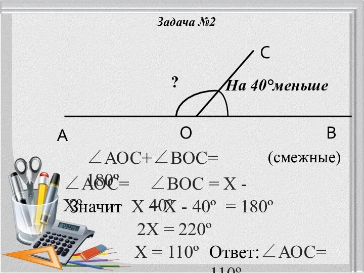 Задача №2 ? На 40°меньше А В О С ∠АОС+∠ВОС= 180º (смежные)