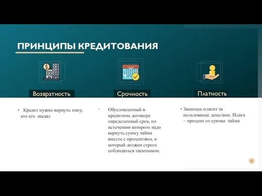 ПРИНЦИПЫ КРЕДИТОВАНИЯ Кредит нужно вернуть тому, кто его выдал Возвратность . Срочность