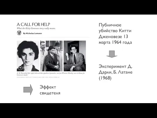 Эксперимент Д. Дарли, Б. Латане (1968) Публичное убийство Китти Дженовезе 13 марта 1964 года Эффект свидетеля