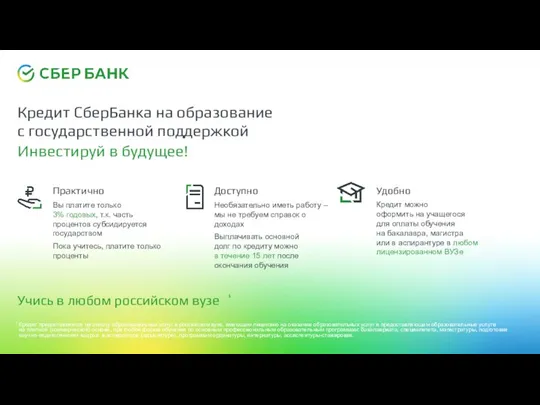 Кредит СберБанка на образование с государственной поддержкой Инвестируй в будущее! Доступно Необязательно