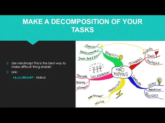 MAKE A DECOMPOSITION OF YOUR TASKS Use mindmap! This is the best