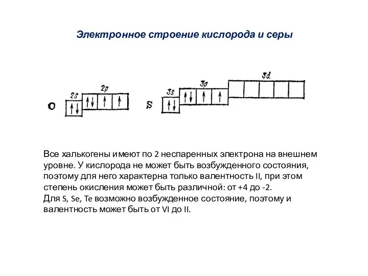 Электронное строение кислорода и серы Все халькогены имеют по 2 неспаренных электрона