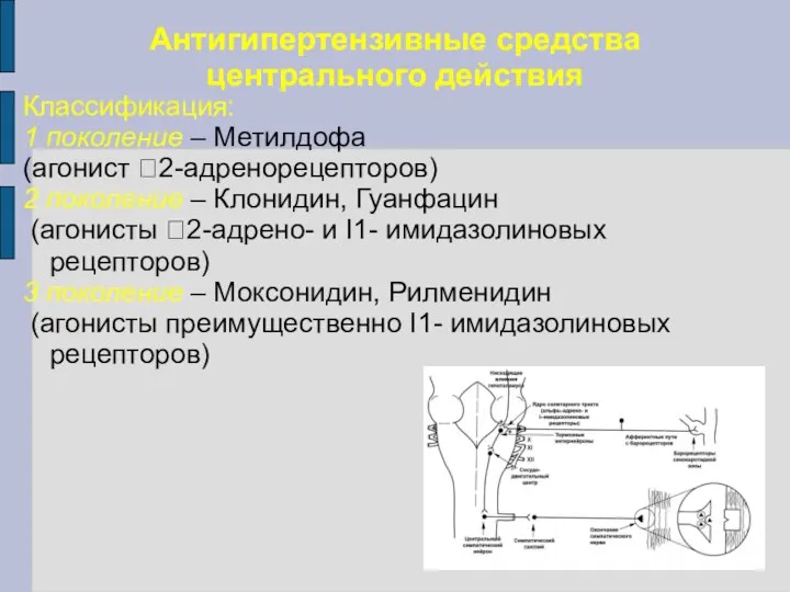 Антигипертензивные средства центрального действия Классификация: 1 поколение – Метилдофа (агонист 2-адренорецепторов) 2