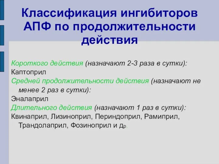 Классификация ингибиторов АПФ по продолжительности действия Короткого действия (назначают 2-3 раза в