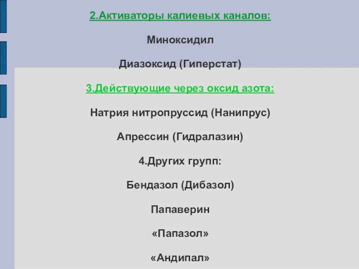 2.Активаторы калиевых каналов: Миноксидил Диазоксид (Гиперстат) 3.Действующие через оксид азота: Натрия нитропруссид