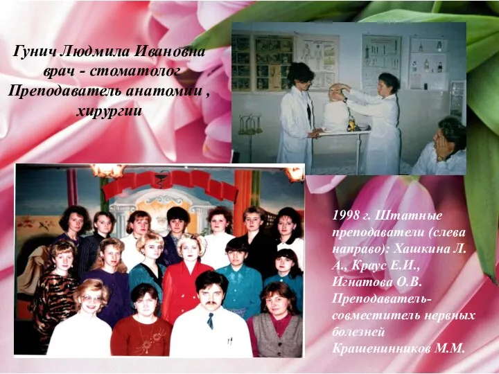 Гунич Людмила Ивановна врач - стоматолог Преподаватель анатомии , хирургии 1998 г.