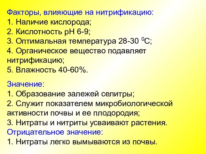 Факторы, влияющие на нитрификацию: 1. Наличие кислорода; 2. Кислотность рН 6-9; 3.