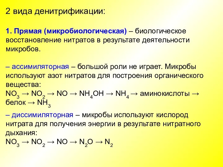 2 вида денитрификации: 1. Прямая (микробиологическая) – биологическое восстановление нитратов в результате