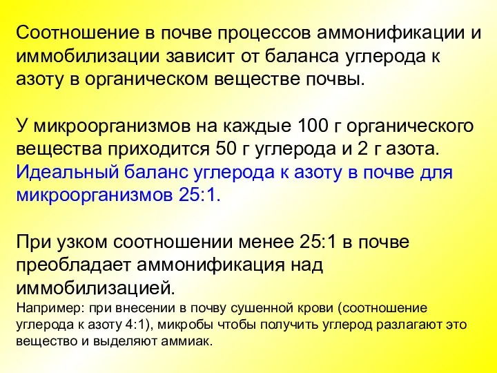 Соотношение в почве процессов аммонификации и иммобилизации зависит от баланса углерода к