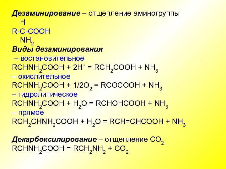 Дезаминирование – отщепление аминогруппы H R-C-COOH NH2 Виды дезаминирования – востановительное RCHNH2COOH