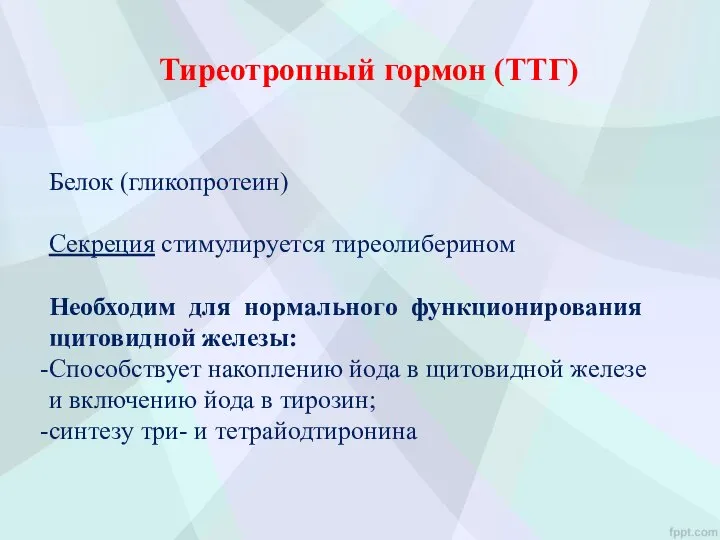 Тиреотропный гормон (ТТГ) Белок (гликопротеин) Секреция стимулируется тиреолиберином Необходим для нормального функционирования