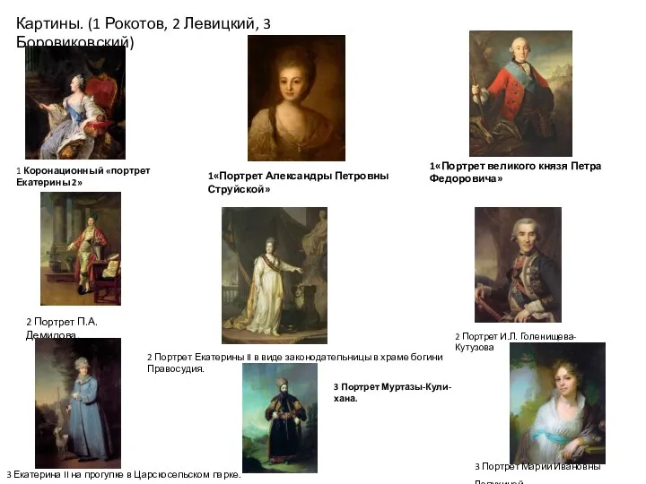 Картины. (1 Рокотов, 2 Левицкий, 3 Боровиковский) 1 Коронационный «портрет Екатерины 2»