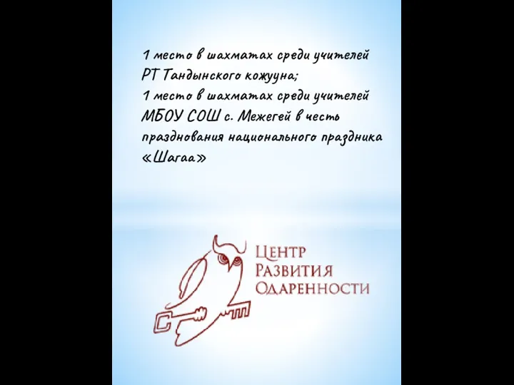 1 место в шахматах среди учителей РТ Тандынского кожууна; 1 место в