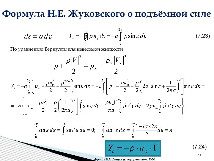 Формула Н.Е. Жуковского о подъёмной силе (7.23) По уравнению Бернулли для невесомой