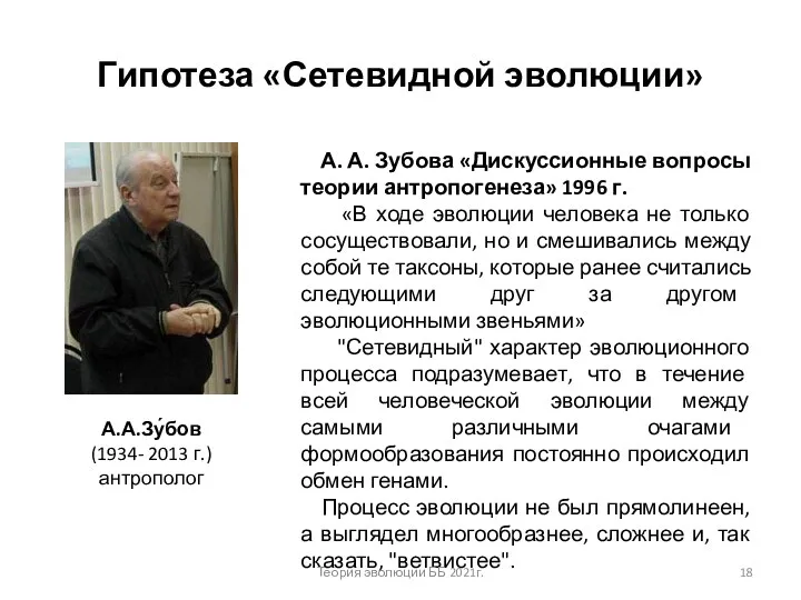 Гипотеза «Сетевидной эволюции» А.А.Зу́бов (1934- 2013 г.) антрополог А. А. Зубова «Дискуссионные