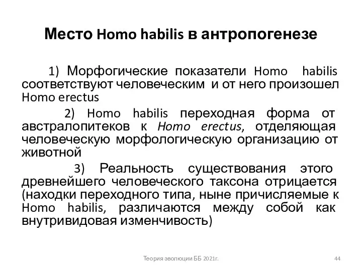 Место Homo habilis в антропогенезе 1) Морфогические показатели Homo habilis соответствуют человеческим