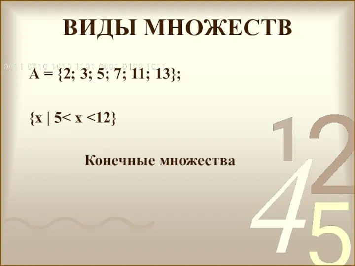 А = {2; 3; 5; 7; 11; 13}; {х | 5 ВИДЫ МНОЖЕСТВ Конечные множества