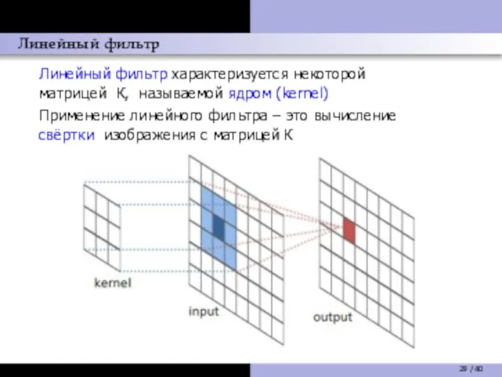 Линейный фильтр Линейный фильтр характеризуется некоторой матрицей К, называемой ядром (kernel) Применение