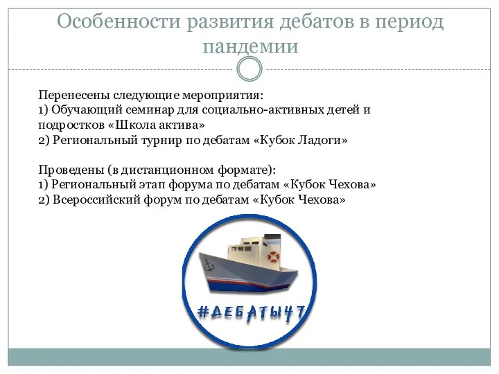 Особенности развития дебатов в период пандемии Перенесены следующие мероприятия: 1) Обучающий семинар