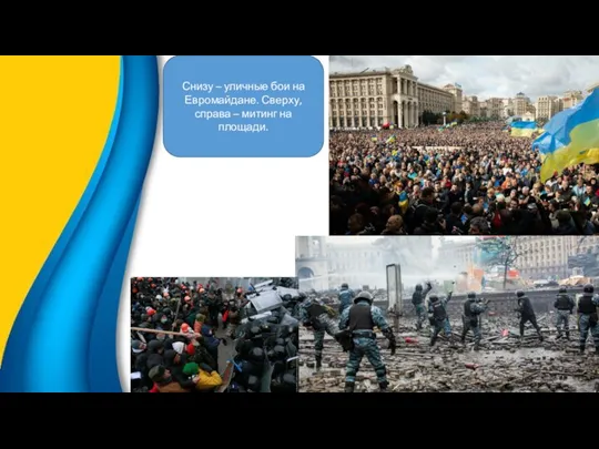 Снизу – уличные бои на Евромайдане. Сверху, справа – митинг на площади.