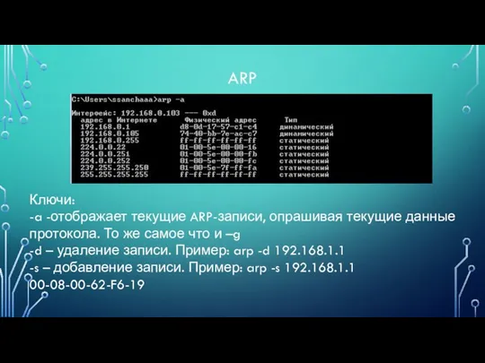 ARP Ключи: -a -отображает текущие ARP-записи, опрашивая текущие данные протокола. То же