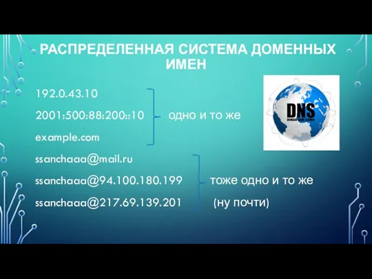 РАСПРЕДЕЛЕННАЯ СИСТЕМА ДОМЕННЫХ ИМЕН 192.0.43.10 2001:500:88:200::10 одно и то же example.com ssanchaaa@mail.ru