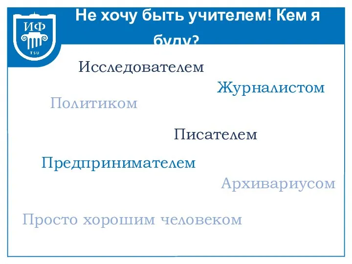 Не хочу быть учителем! Кем я буду? Политиком Исследователем Писателем Журналистом Архивариусом Предпринимателем Просто хорошим человеком