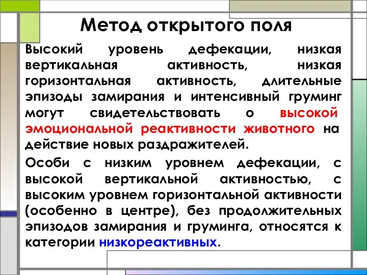 Метод открытого поля Высокий уровень дефекации, низкая вертикальная активность, низкая горизонтальная активность,