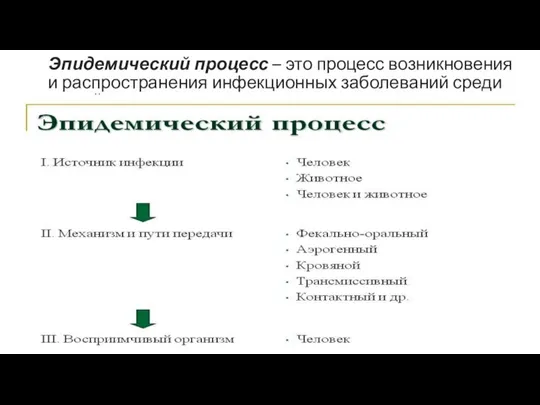 Эпидемический процесс – это процесс возникновения и распространения инфекционных заболеваний среди людей.