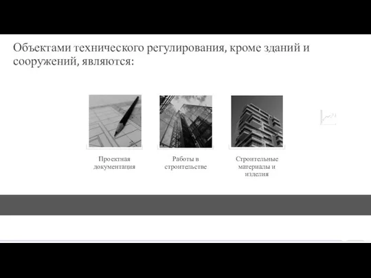 Объектами технического регулирования, кроме зданий и сооружений, являются: Проектная документация Работы в