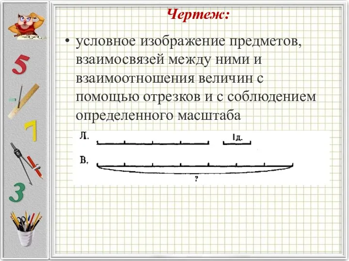 Чертеж: условное изображение предметов, взаимосвязей между ними и взаимоотношения величин с помощью