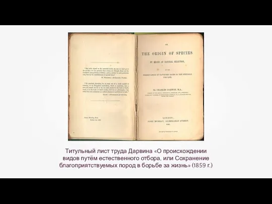 Титульный лист труда Дарвина «О происхождении видов путём естественного отбора, или Сохранение