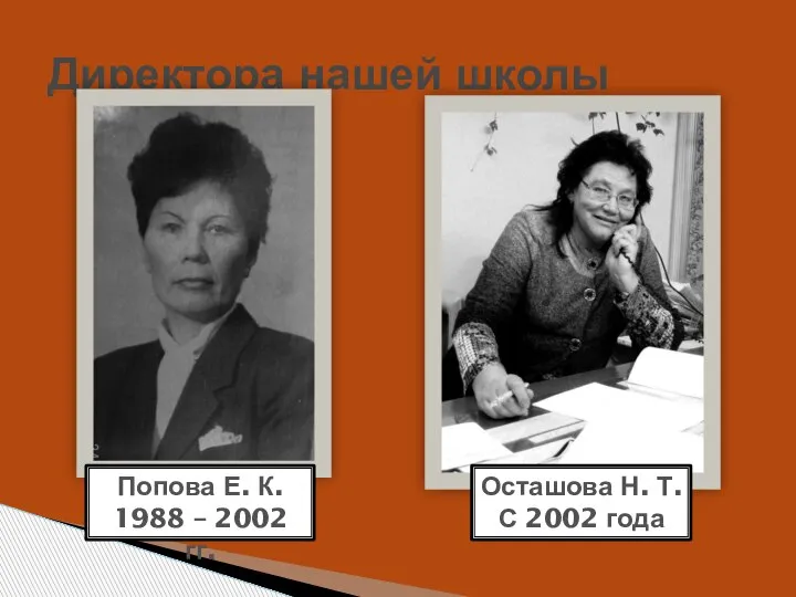 Директора нашей школы Попова Е. К. 1988 – 2002 гг. Осташова Н. Т. С 2002 года