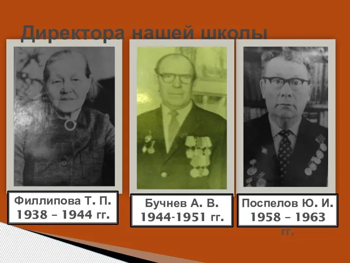 Директора нашей школы Бучнев А. В. 1944-1951 гг. Филлипова Т. П. 1938