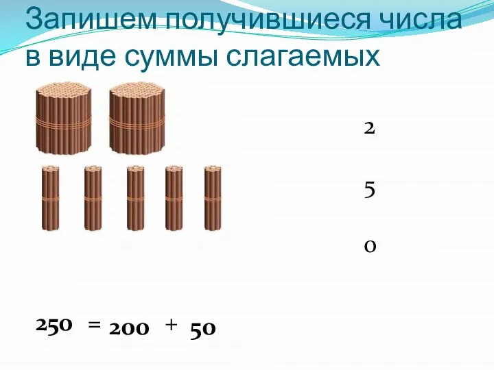 Запишем получившиеся числа в виде суммы слагаемых 250 200 50 = + 2 5 0