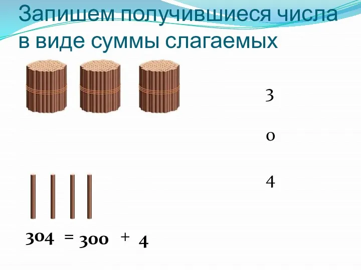 Запишем получившиеся числа в виде суммы слагаемых 304 300 4 = + 3 0 4