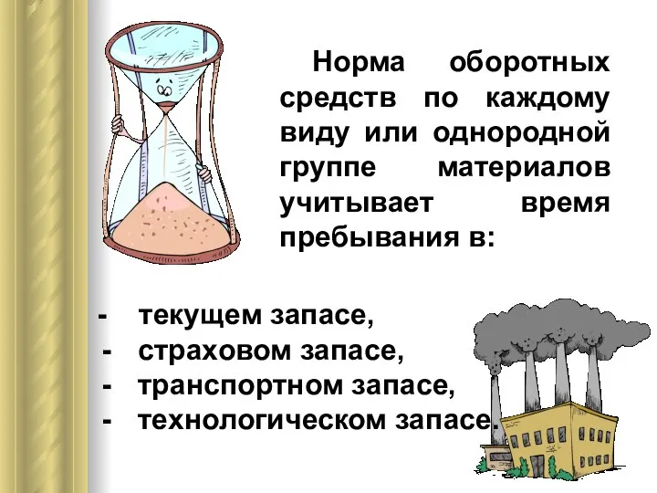 Норма оборотных средств по каждому виду или однородной группе материалов учитывает время