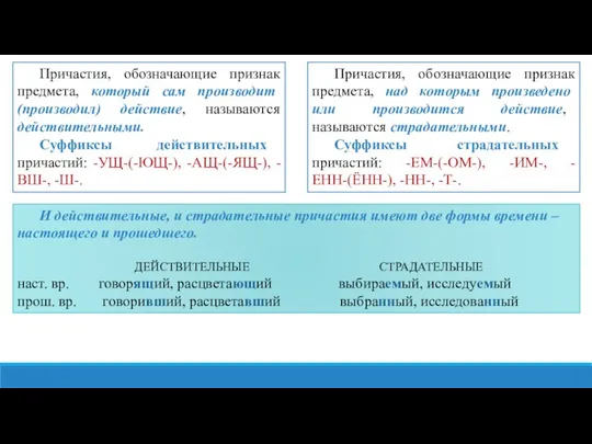 Причастия, обозначающие признак предмета, который сам производит (производил) действие, называются действительными. Суффиксы