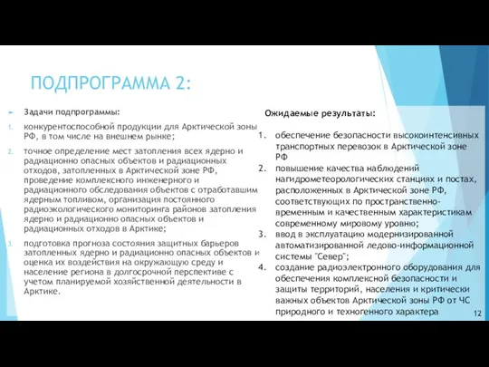 ПОДПРОГРАММА 2: Задачи подпрограммы: конкурентоспособной продукции для Арктической зоны РФ, в том