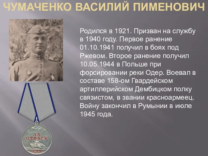 Родился в 1921. Призван на службу в 1940 году. Первое ранение 01.10.1941