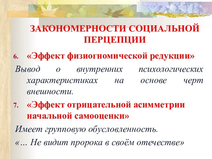 ЗАКОНОМЕРНОСТИ СОЦИАЛЬНОЙ ПЕРЦЕПЦИИ «Эффект физиогномической редукции» Вывод о внутренних психологических характеристиках на