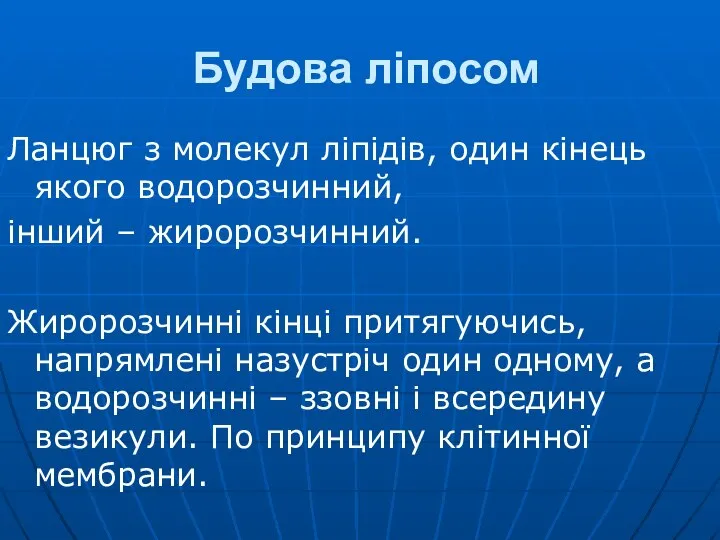 Будова ліпосом Ланцюг з молекул ліпідів, один кінець якого водорозчинний, інший –